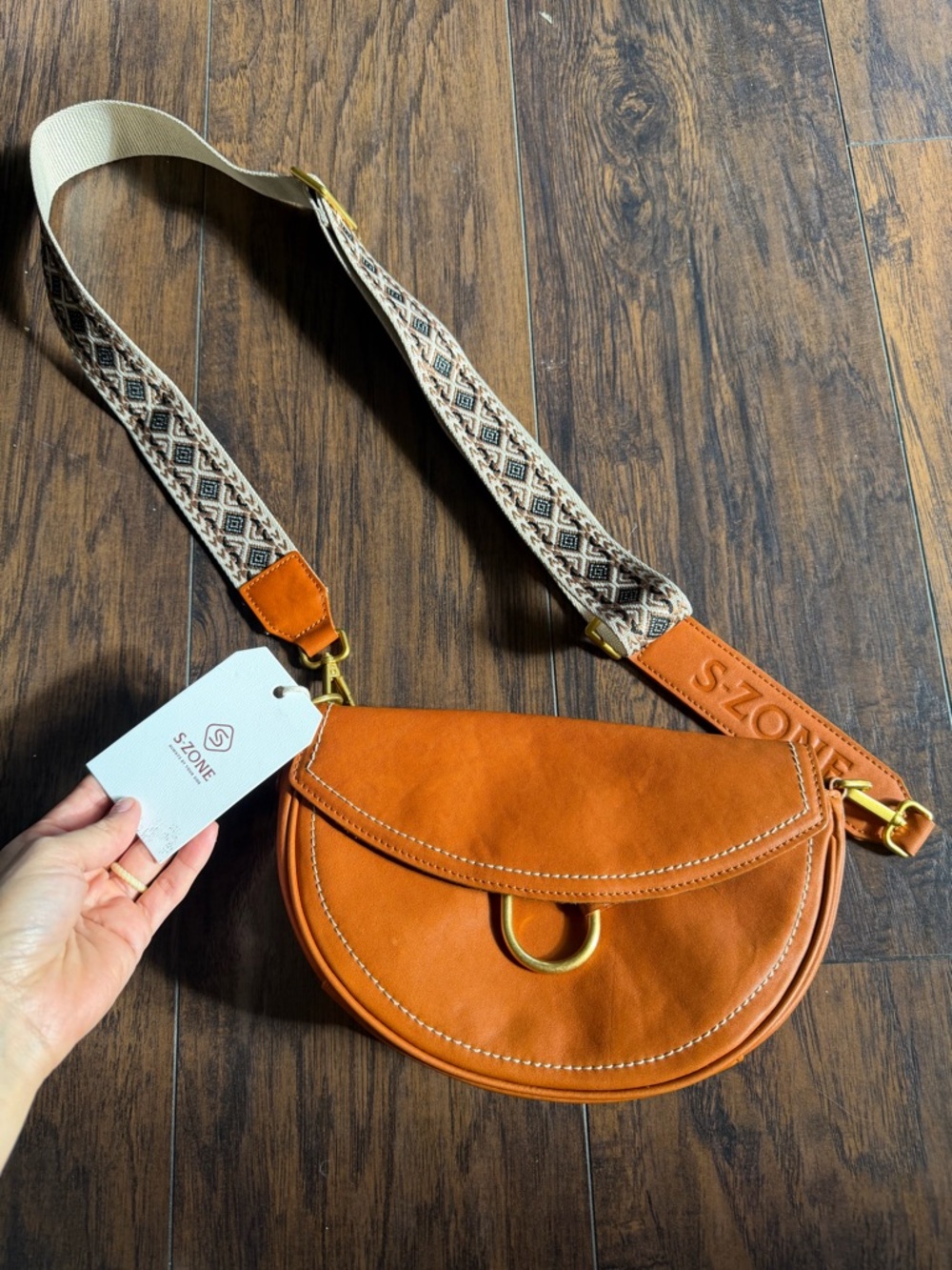 Boho equestrian Tan genuine Leather Crossbody Bag with Patterned Strap NWT